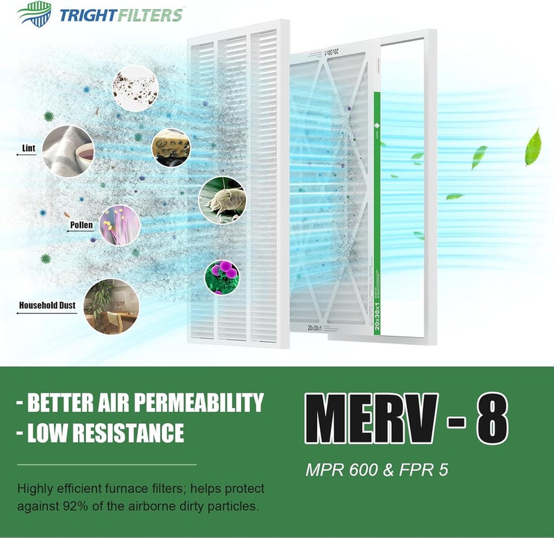 TRIGHTFILTERS فلتر هواء 20x30x1 عبوة 4، فلتر هواء مضغوط MERV 8 بديل لمكيف الهواء HVAC فلتر فرن الهواء، متين وخفيف الوزن - Image 5